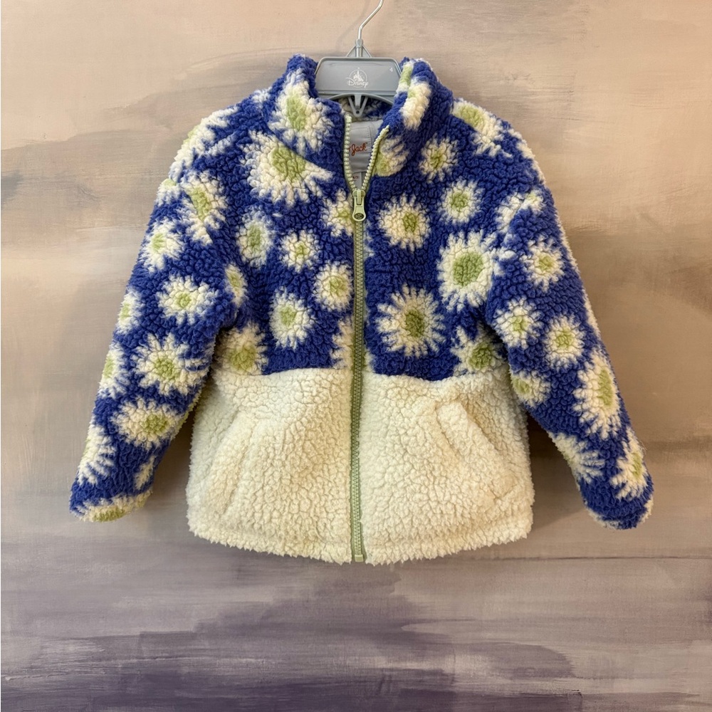 Girls Flower Blue and Cream Fleece Zip Up Jacket Cat and Jack 90s Vibe